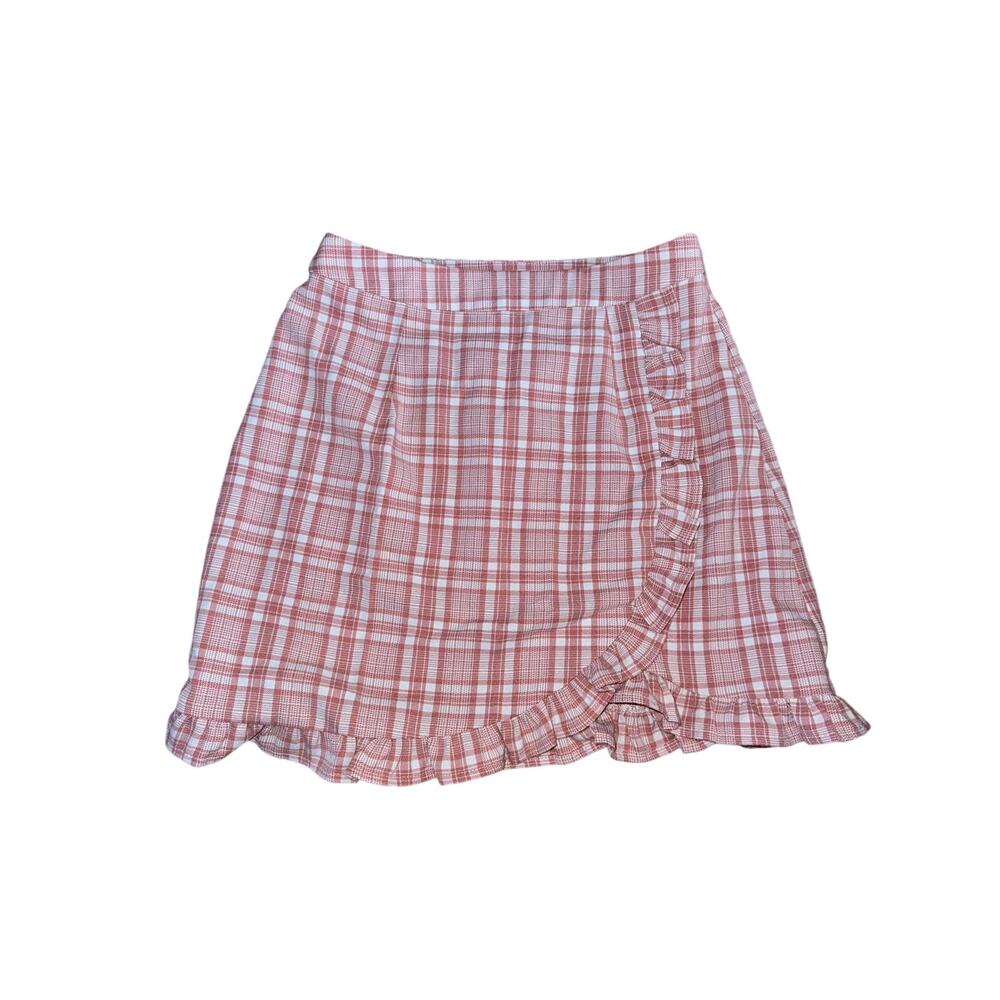 Sadie and Sage Pink and White Plaid Skirt with Ruffle Detail